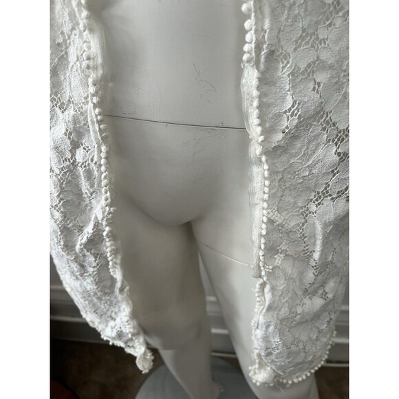 Vintage Crochet Boho Lace Duster Cardigan Size S Open Front Sheer Pom Pom Trim - Picture 5 of 8